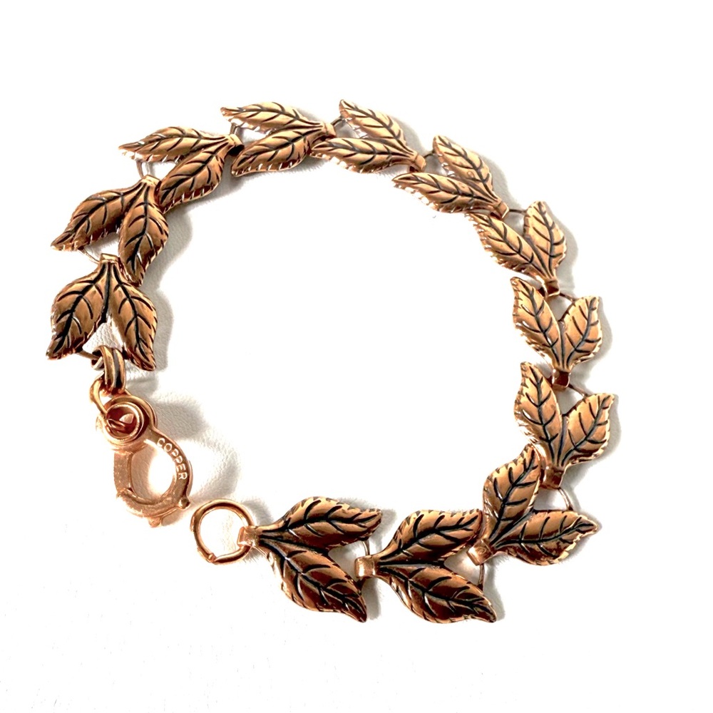 Vintage Signed Copper Leaf Link Bracelet Sister Hook Clasp 7.75”